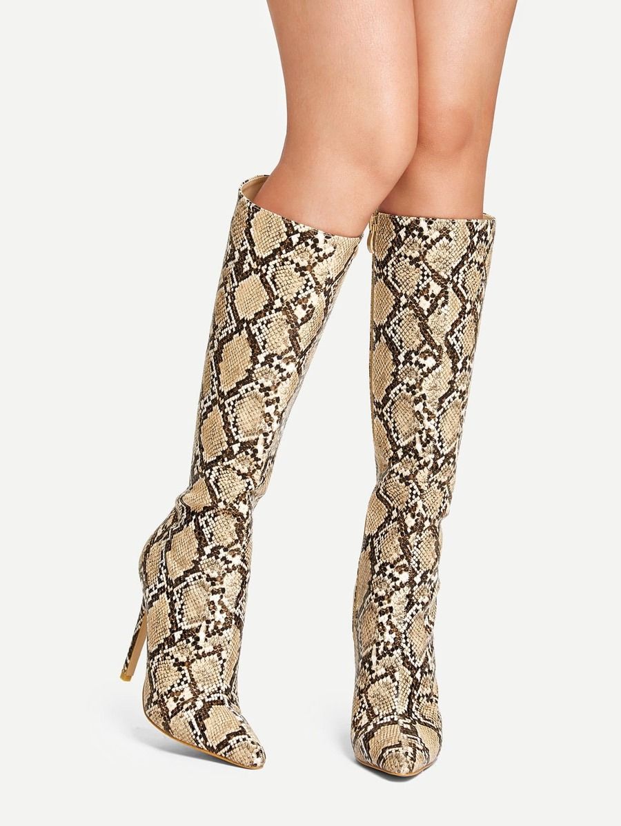 Snakeskin Print Knee Length Boots | SHEIN