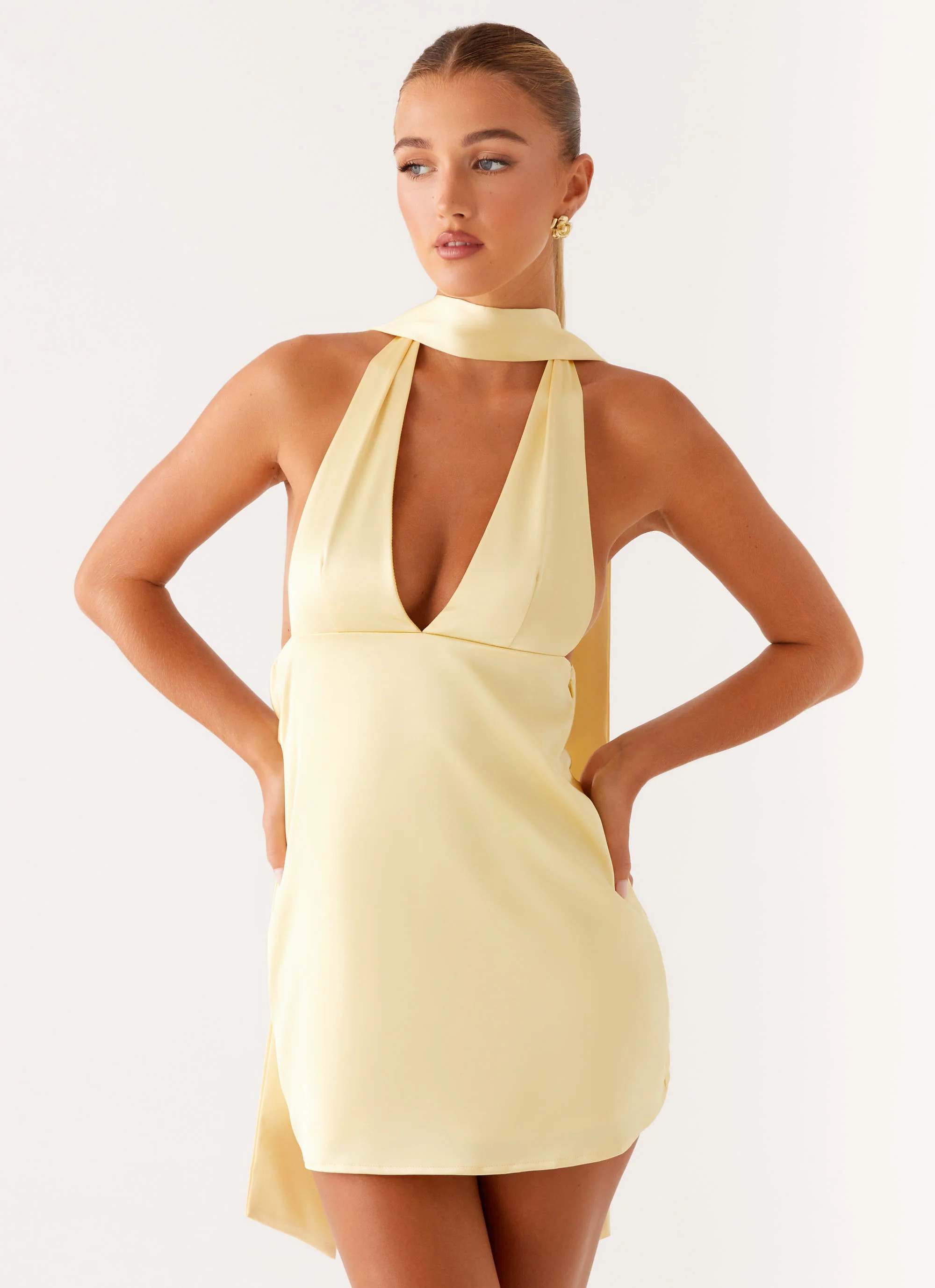 Alicia Satin Halter Mini Dress - Pastel Yellow | Peppermayo (Global)