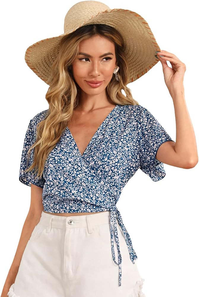 SheIn Women's V Neck Short Sleeve Self Tie Wrap Floral Crop Tops Blouse | Amazon (US)