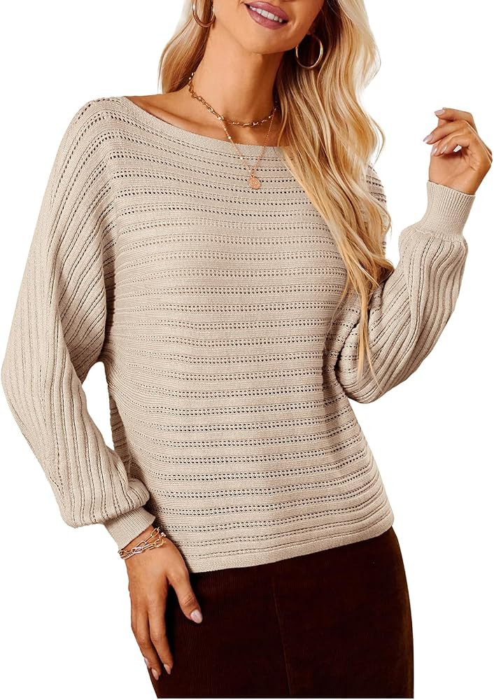 GRACE KARIN Fall Sweaters for Women 2024 Boat Neck Striped Crochet Pullover Sweater Knitted Batwi... | Amazon (US)