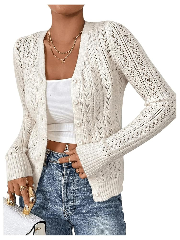 SHENHE Women's Pointelle Sweater Cardigan Crochet Hollow Out Eyelet Button Up Cropped Cardigan | Amazon (US)