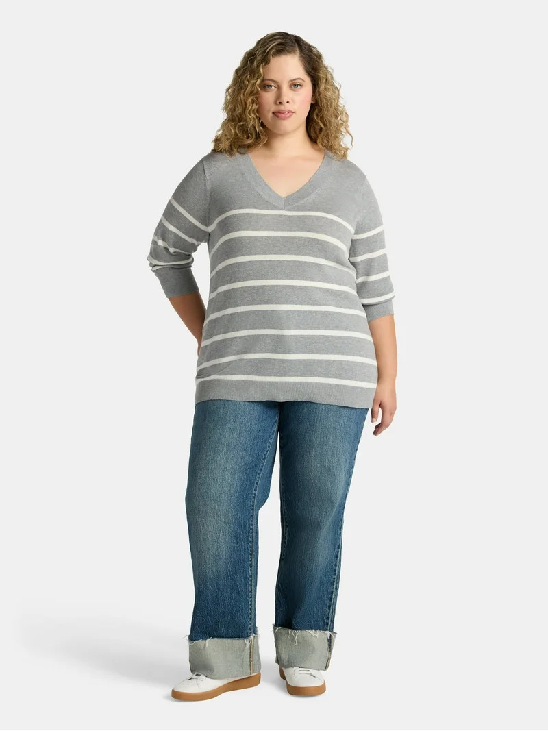 Terra & Sky Women's Plus V-Neck Fine Gauge Pullover Sweater, Lightweight, Sizes 0X-5X | Walmart (US)