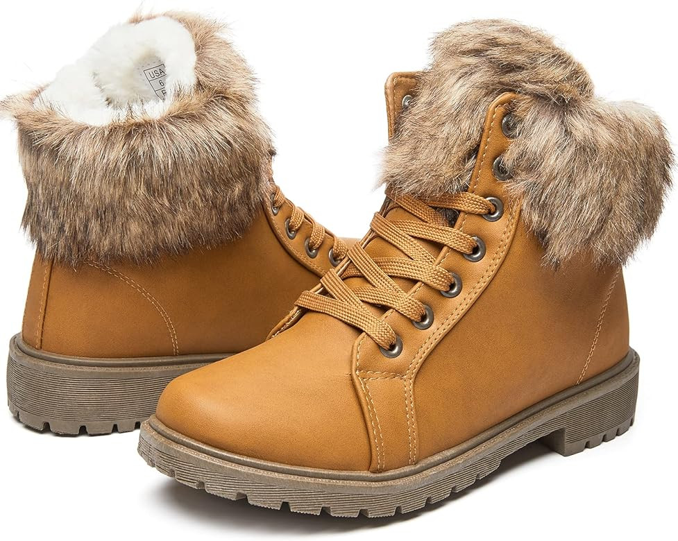 yegeyan womens snow boots PU winter ankle booties fur lined anti-slip combat boots | Amazon (US)