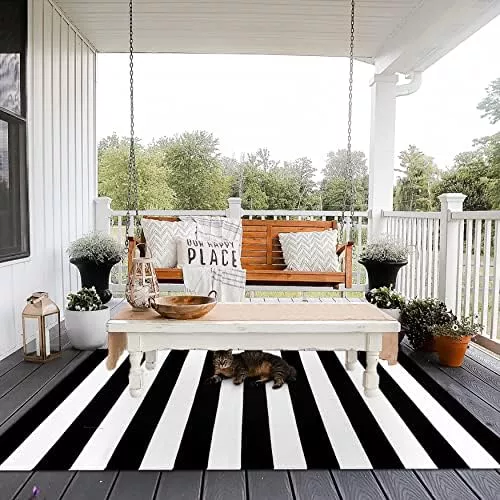 KOZYFLY Striped Outdoor Rug 27.5x43 Inches Front Door Rug Gray and White  Hand Woven Cotton Washable Outdoor Doormats Outdoor Entrance Mat for Front