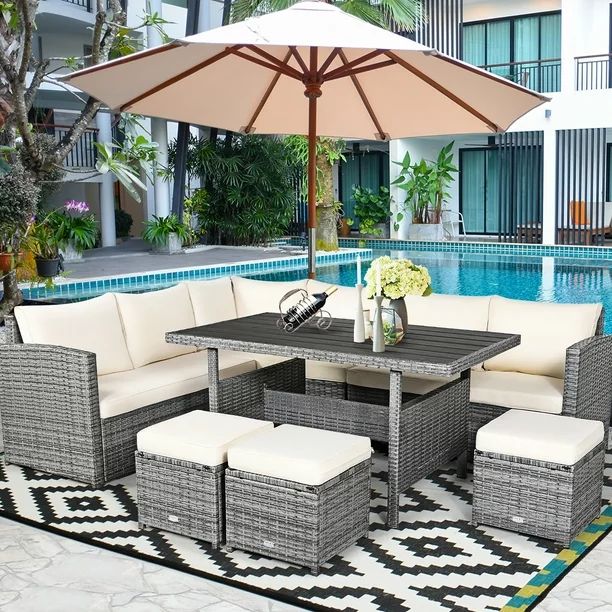 Costway 7 PCS Patio Rattan Dining Set Sectional Sofa Couch Ottoman Garden White | Walmart (US)