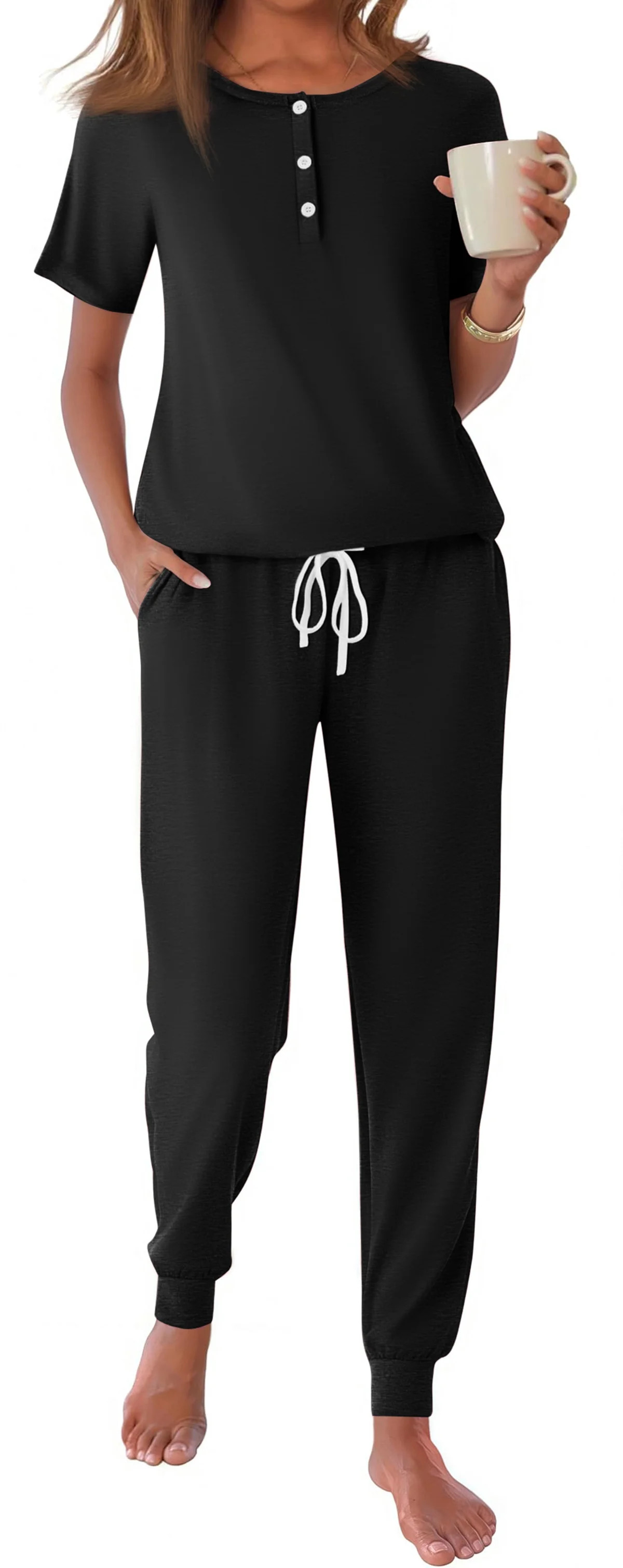 Fantaslook Pajamas Sets for Women Short Sleeve Henley Shirt and Pants With Drawstring Casual Loun... | Walmart (US)