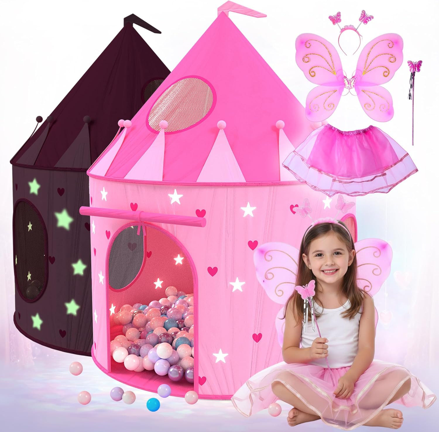 Playz 5-Piece Princess Castle Girls Pop Up Play Tent & Dress Up Costume Bundle - Playhouse Gift for Girls & Toddler for Indoor & Outdoor Use with Pink Fairy Tale Carrying Bag & Glow in The Dark Stars | Amazon (US)