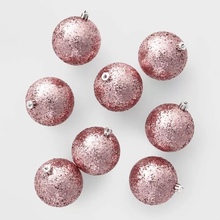8ct 70mm Chunky Glitter Christmas Ornament Set Blush Pink - Wondershop™ | Target