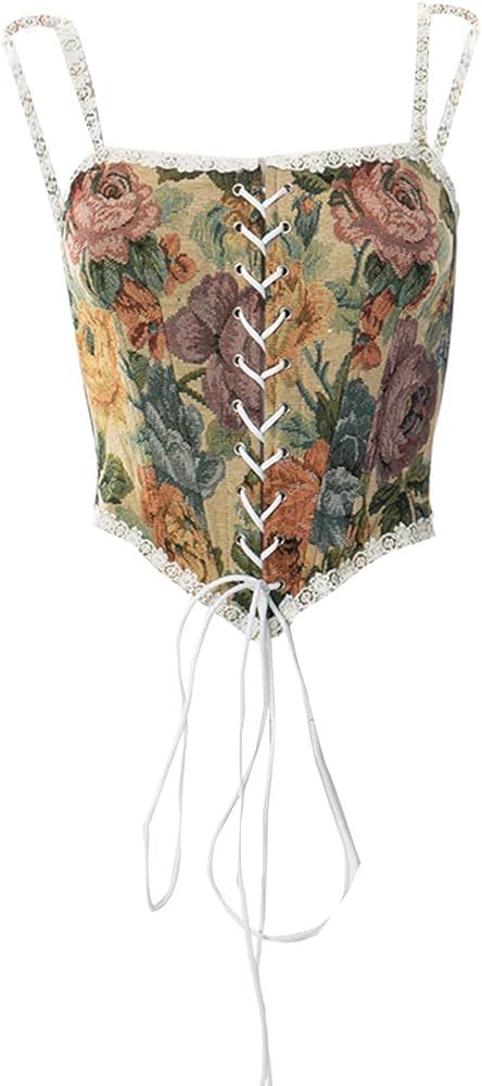 Women Vintage Floral Print Vest Sexy Bodycon Boat Neck Jacquard Camisole Flounce Irregular Suspen... | Amazon (US)