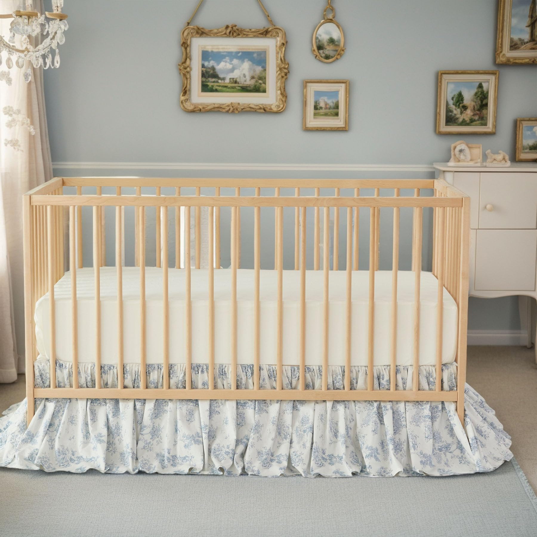 Brandream French Country Toile Floral Print Cotton Crib Skirt Toddler Bedskirt Baby Nursery Crib Bed Skirt Boho Bohemian Neutral Blue Farmhouse Chic Ruffles Skirt | Amazon (US)