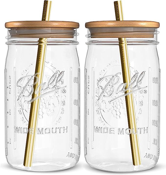 Reusable Boba Bubble Tea & Smoothie Cups - 2 Glass Wide Mouth 32oz Ball Mason Jars with Bamboo Li... | Amazon (US)
