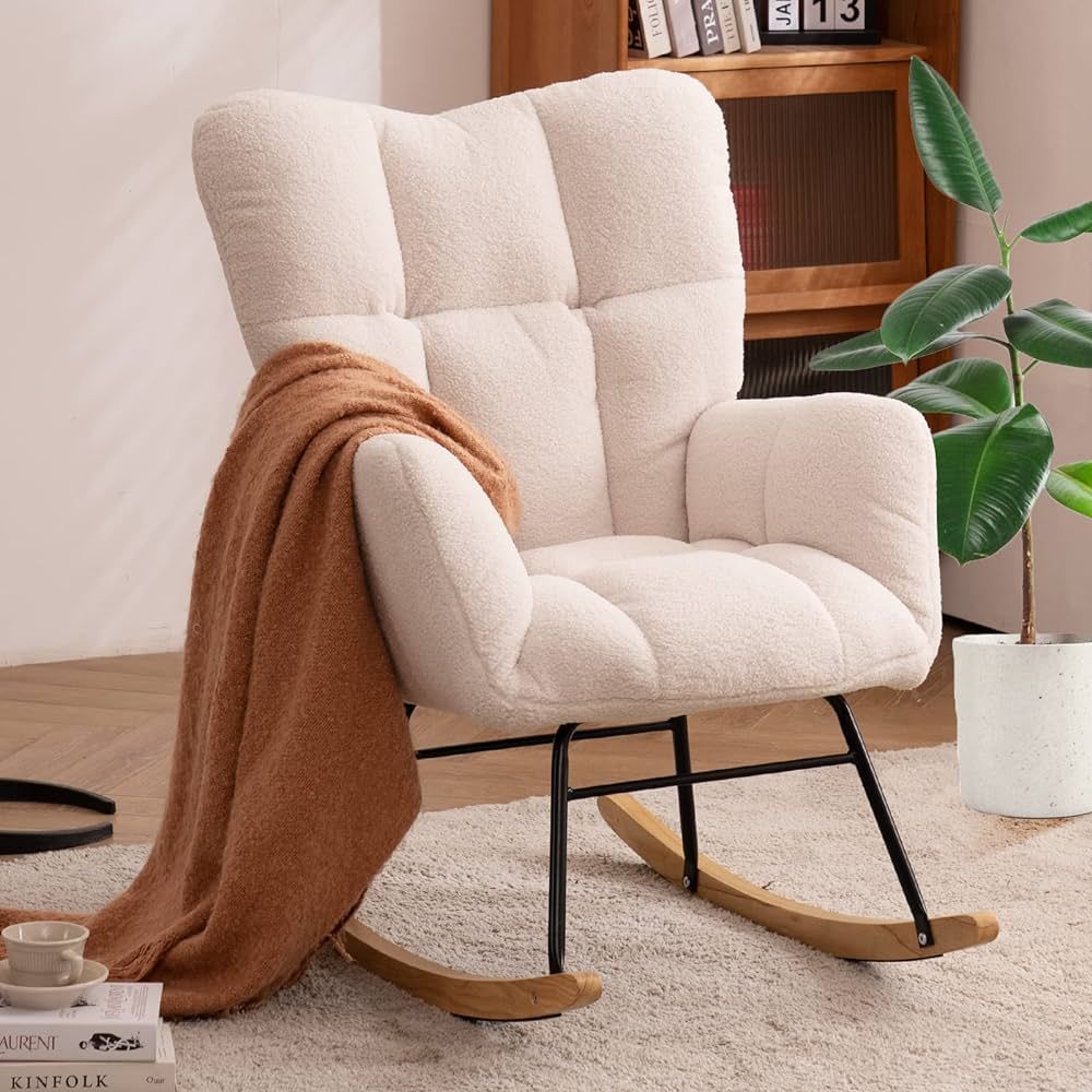 NIOIIKIT Nursery Rocking Chair Teddy Upholstered Glider Rocker Rocking Accent Chair Padded Seat with High Backrest Armchair Comfy Side Chair for Living Room Bedroom Offices (Ivory Teddy) | Amazon (US)