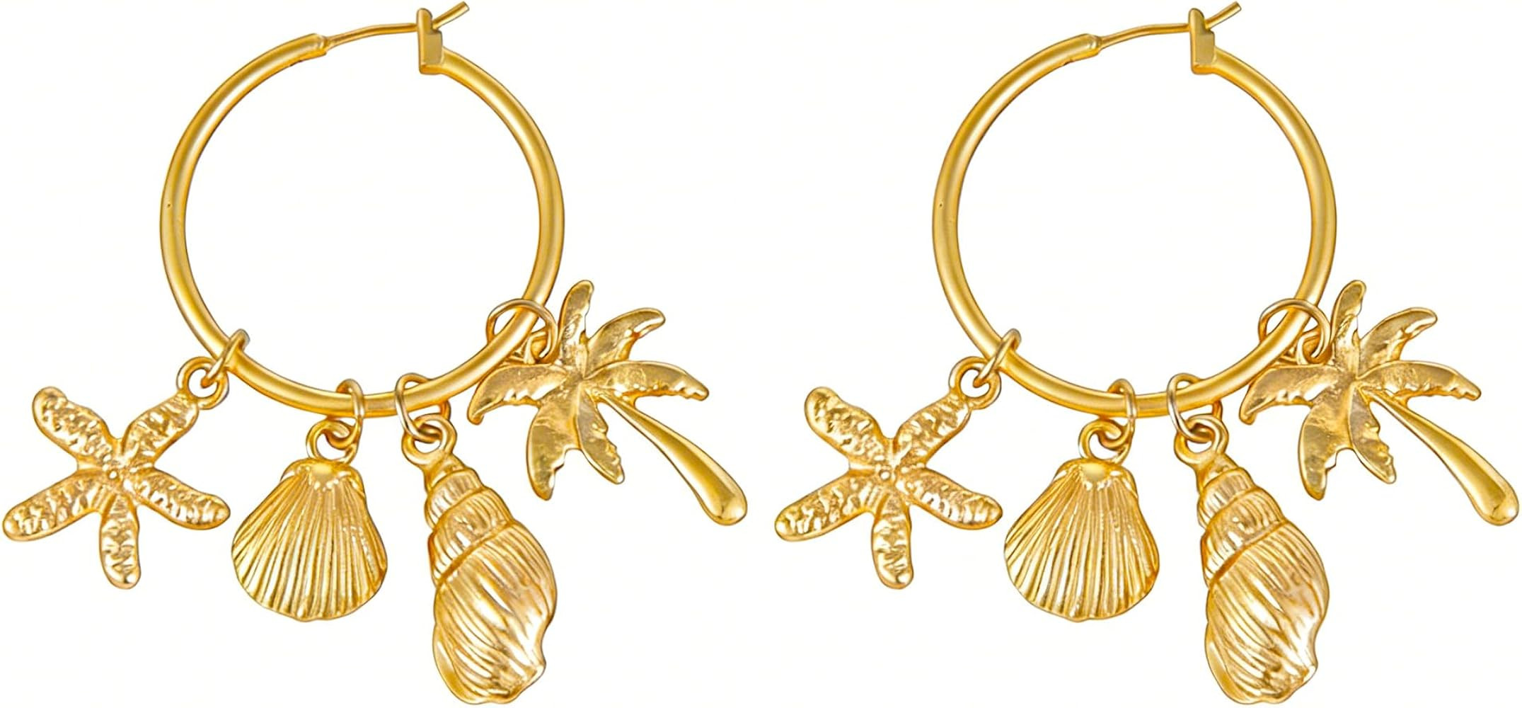 Gold Shell Beach Hoop Earrings for Women Seashell Starfish Conch Hoops Boho Statement Earrings Summer Jewelry | Amazon (US)