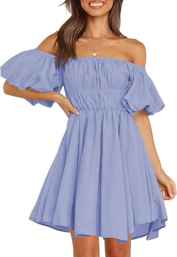 MISSJOY Women's Summer Puff Sleeve Off Shoulder Ruffled A-Line Casual Flowy Asymmetric Hem Beach ... | Amazon (US)