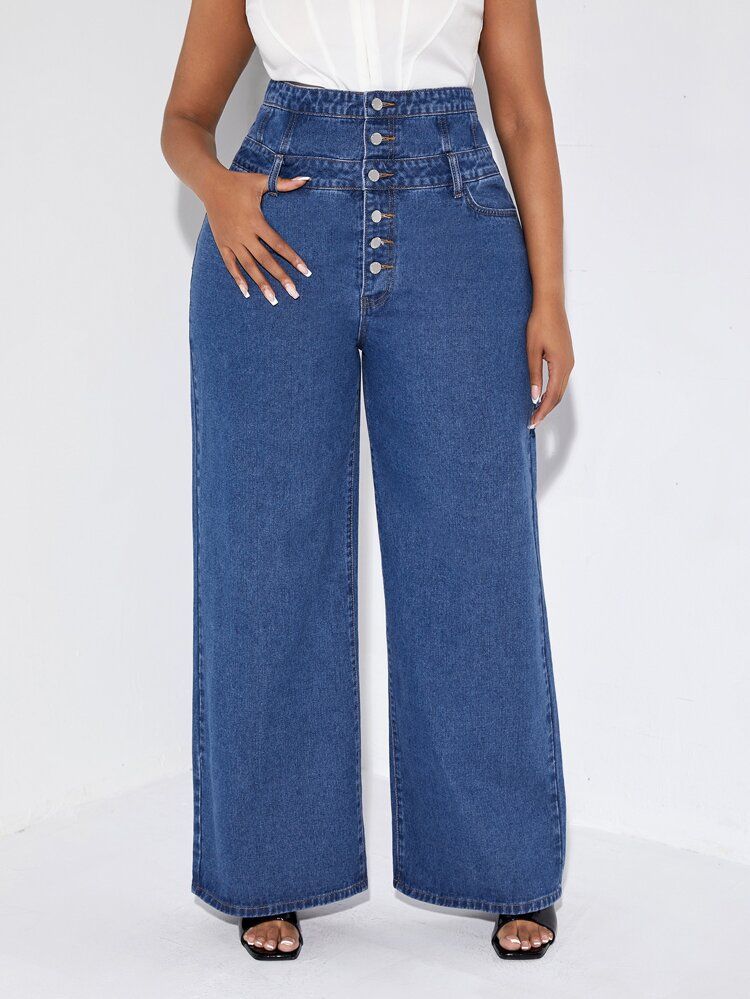 SHEIN Plus High Waist Button Fly Wide Leg Jeans | SHEIN