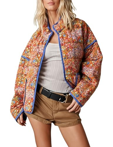Omoone Women's Cropped Quilted Jacket Floral Printed LightWeight Padded Puffer Cardigan Coat Outwear(3950-03Yellow-M) | Amazon (US)