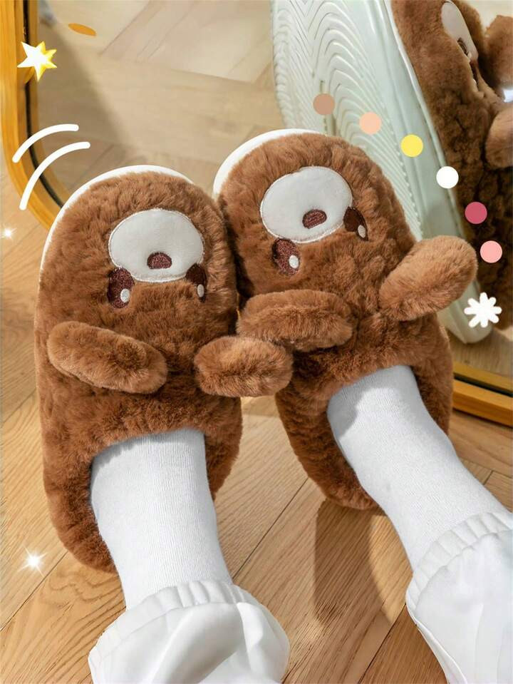 Couple Brown Cute Cartoon Bear Head Plush Slippers, Warm Comfortable Indoor Slippers For Men And ... | SHEIN