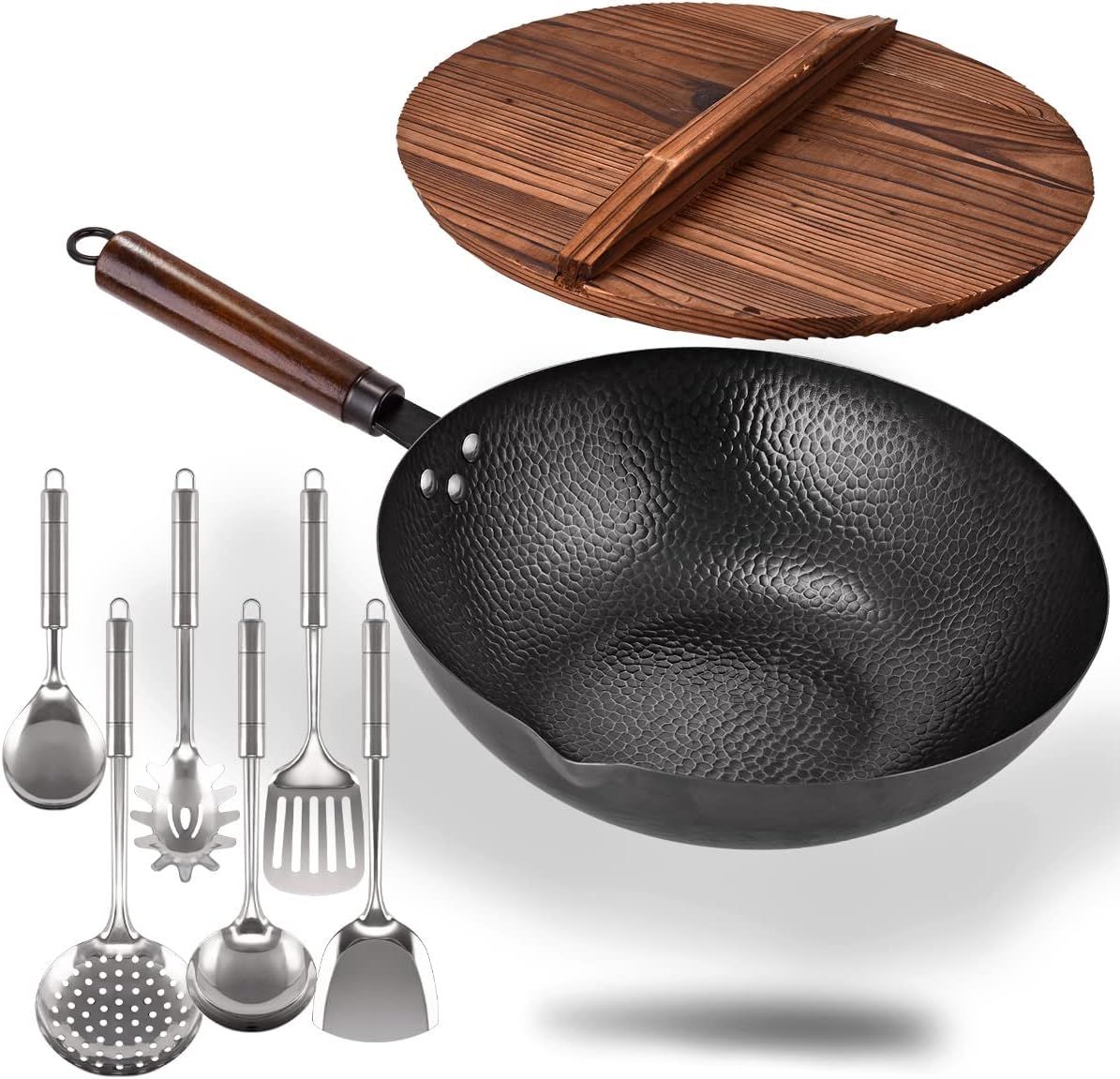 Carbon Steel Wok with Wooden Handle and Lid,using for Electric, Induction, Gas Stoves,6 Cookware ... | Amazon (US)