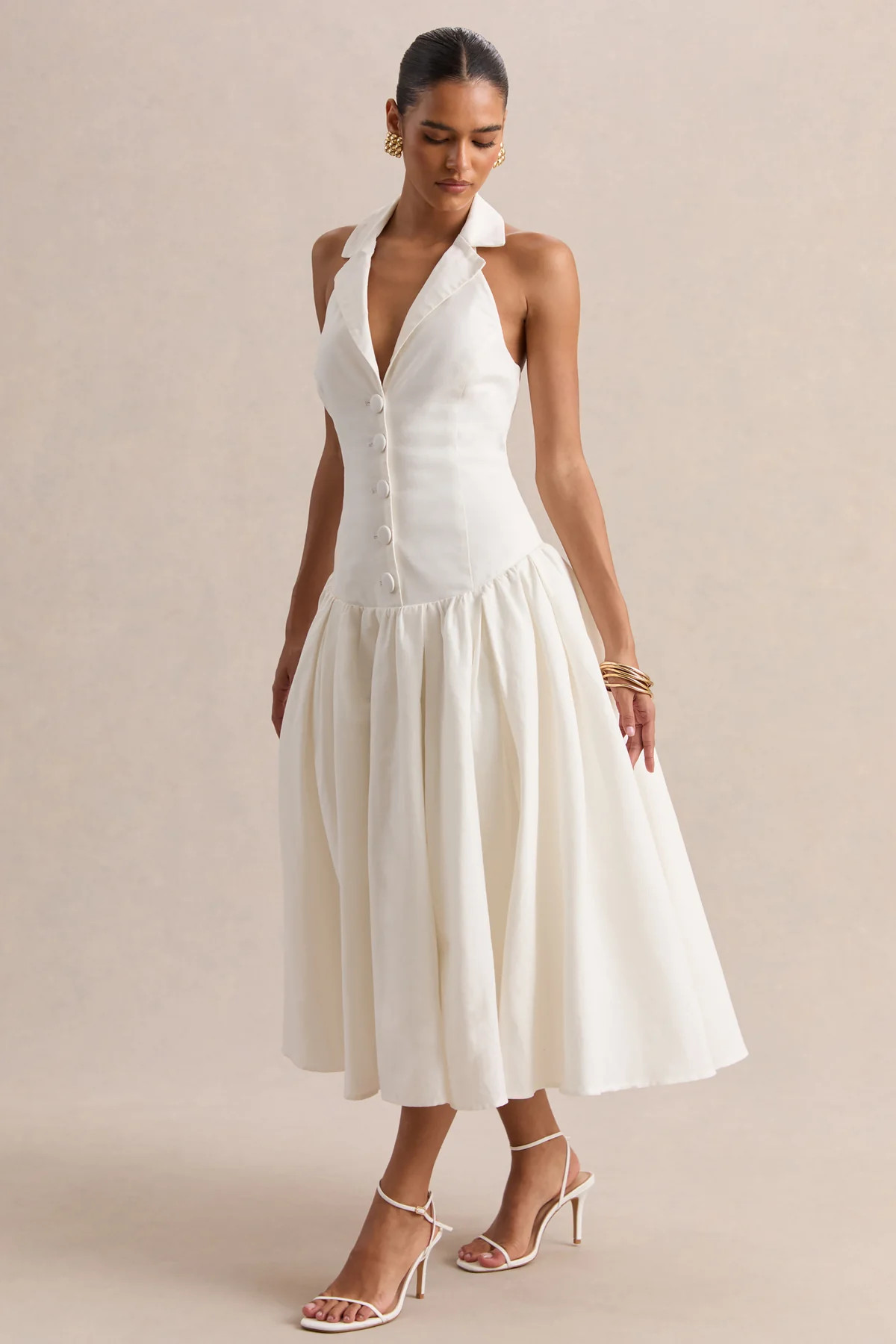 Ella  White Plunge-Neck Midi Dress With Drop-Waist | Club L London