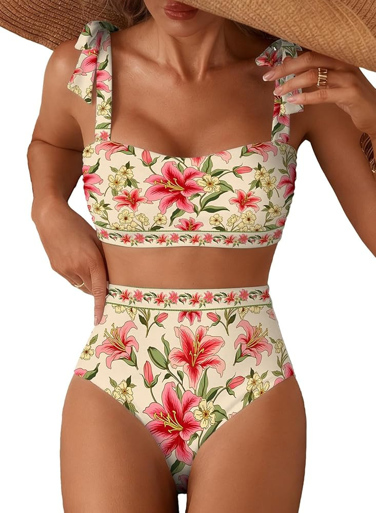 Herseas Women's Tie Shoulder Bikini Sets 2 Piece Striped Swimsuits High Waisted Bathing Suits | Amazon (US)