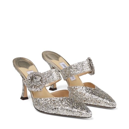 Platinum Dazzling Coarse Glitter Fabric Mules with Crystal Buckle | Jimmy Choo (US)