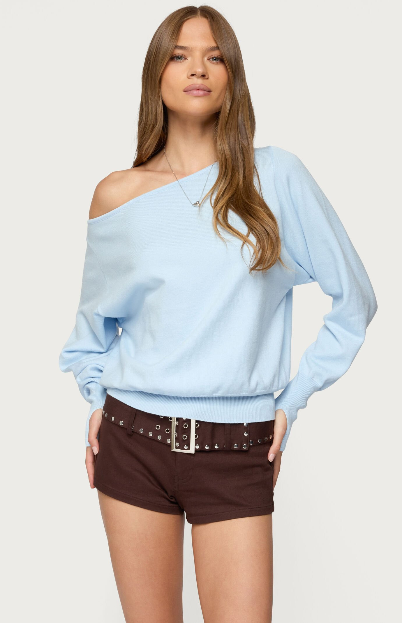 Edikted Women's Off Shoulder Oversized Sweater in Light Blue - Size Medium | PacSun
