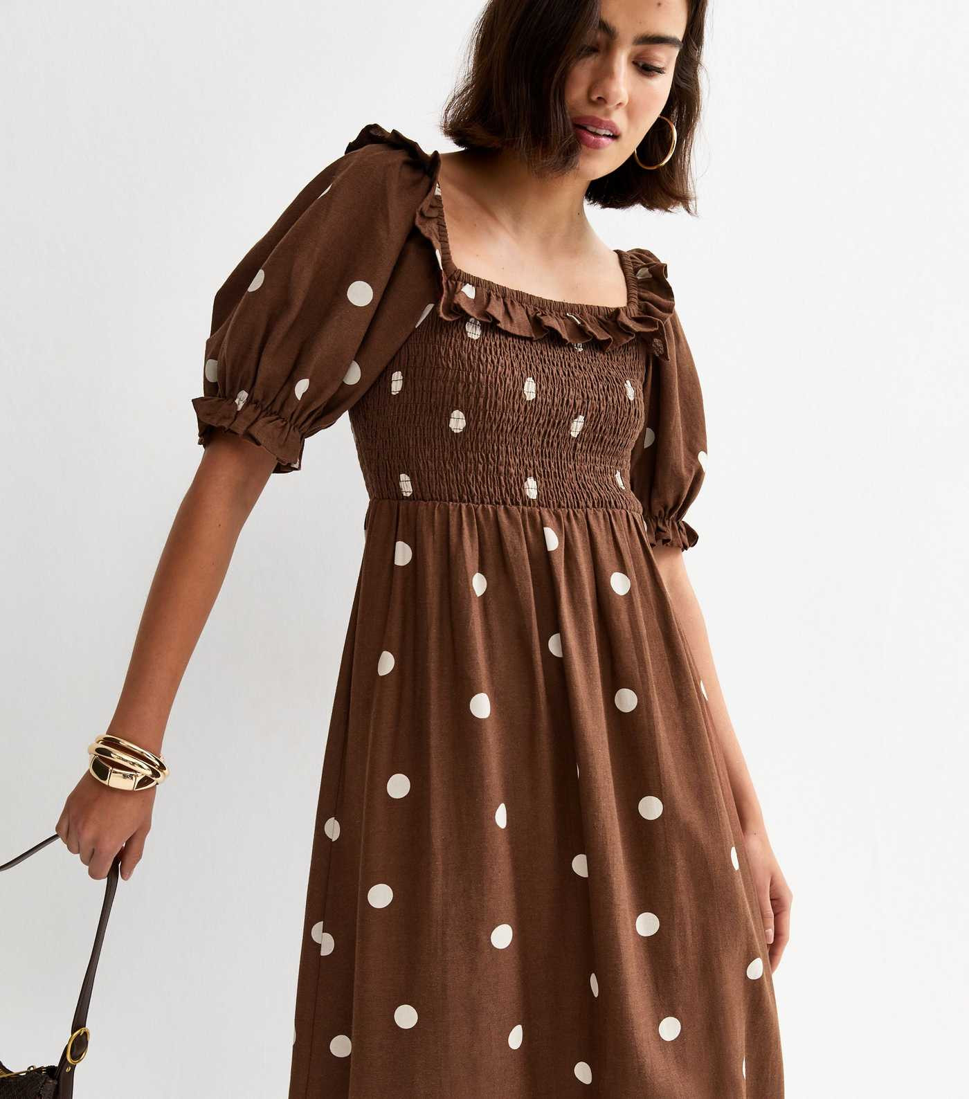 Brown Polka Dot Puff Sleeve Shirred Midi Dress | New Look | New Look (UK)