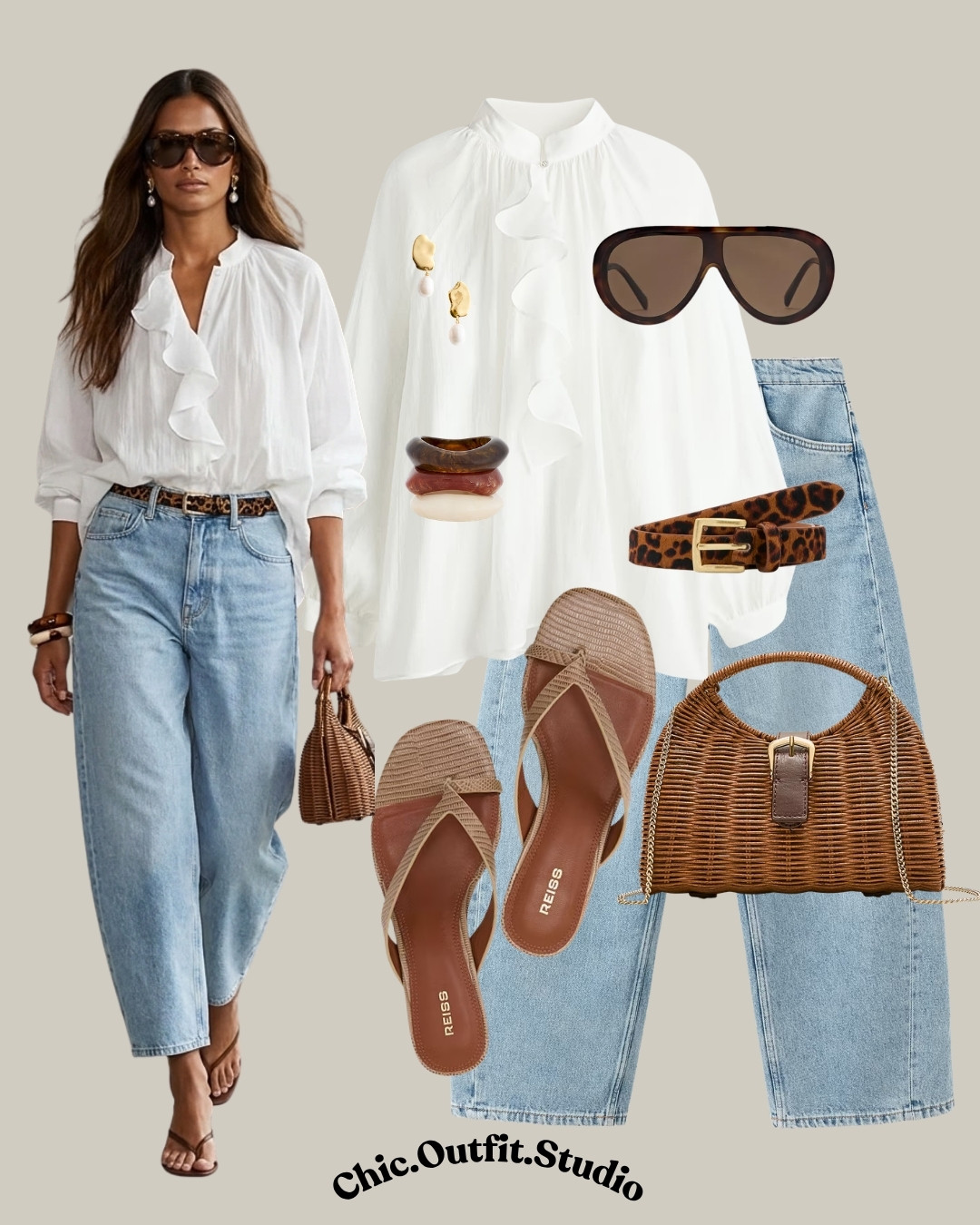 White Blouse & Denim Everyday Chic

✨A flowing white ruffle blouse paired with relaxed light wash jeans creates a timeless summer outfit that's effortlessly elegant. Styled with brown woven accessories, a leopard belt, and neutral sandals, this look is perfect for weekend brunch, sightseeing, travel days, lunch dates, casual office outfits, shopping, or everyday summer style. Classic pieces that feel polished without trying too hard.

✨Tags: white ruffle blouse outfit, light wash jeans outfit, casual chic summer outfit, everyday elegant style, European casual outfit, summer denim outfit women, travel outfit ideas, brunch outfit women, effortless summer fashion, woven bag outfit, classic feminine style 

 #LTKootd #LTKSeasonal #LTKOver40