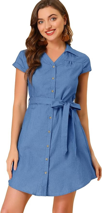 Allegra K Shirt Dress for Women's Short Sleeve Button Down Belted Denim Dress | Amazon (US)