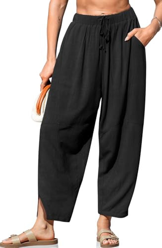 TARSE Women's Linen Harem Pants Casual Loose Drawstring Elastic Waist Summer Beach Travel Vacation with Pockets 2025(Black,S) | Amazon (US)