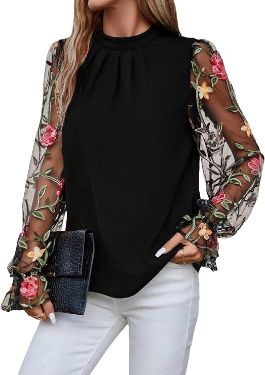 Floerns Women's Floral Embroidery Mesh Mock Neck Flare Long Sleeve Blouse Top | Amazon (US)
