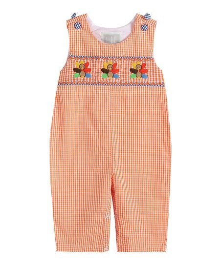 Orange & Blue Gingham Turkey Smocked Overalls - Infant & Toddler | Zulily