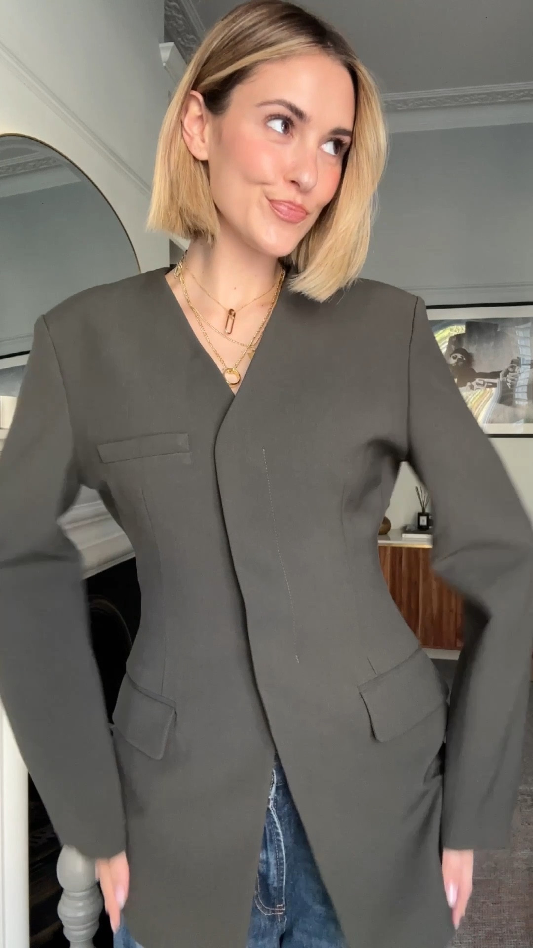 Tagged everything I can! Check blazer is sold out so won’t let me tag but the name is “ASOS DESIGN funnel neck wrap blazer in check” if it comes back in stock - I’ll keep checking and let you know x 
