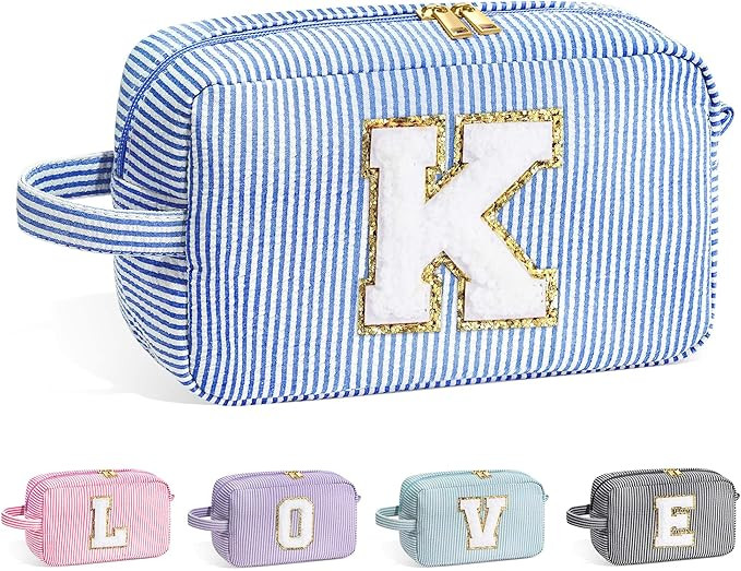 Makeup Bag for Women - Monogram Cute Initial Blue Makeup Bags Cosmetic Toiletry Pouch Make Up Cas... | Amazon (US)