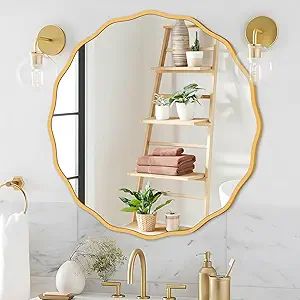 FUWU HOME Gold Round Mirror for Wall Decorative 24 inch Modern Wavy Mirror Whit Wood Frame Circle... | Amazon (US)