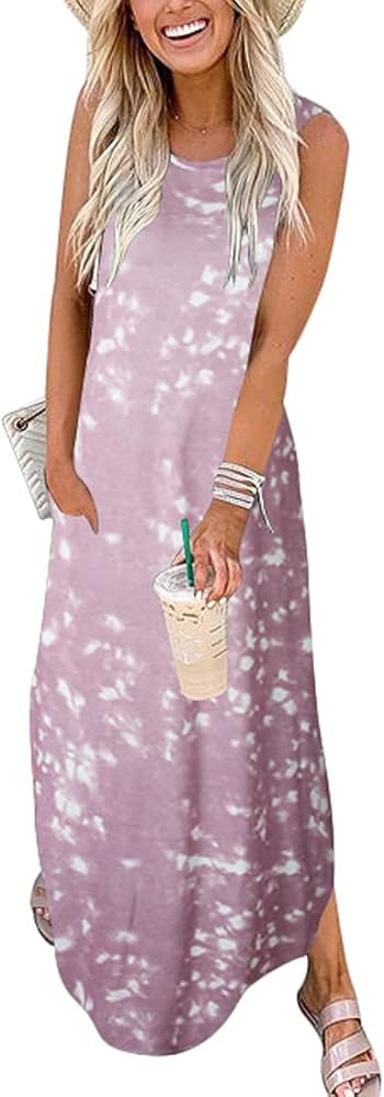 Women's Tie Dye Printed Casual Loose Summer Maxi Dresses Sleeveless Side Split Long Dresses with Poc | Amazon (US)
