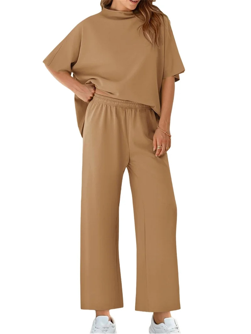 Women 2 Piece Outfits 3/4 Batwing Sleeve Pullover Tops and Wide Leg Pants Casual Lounge Set | Walmart (US)