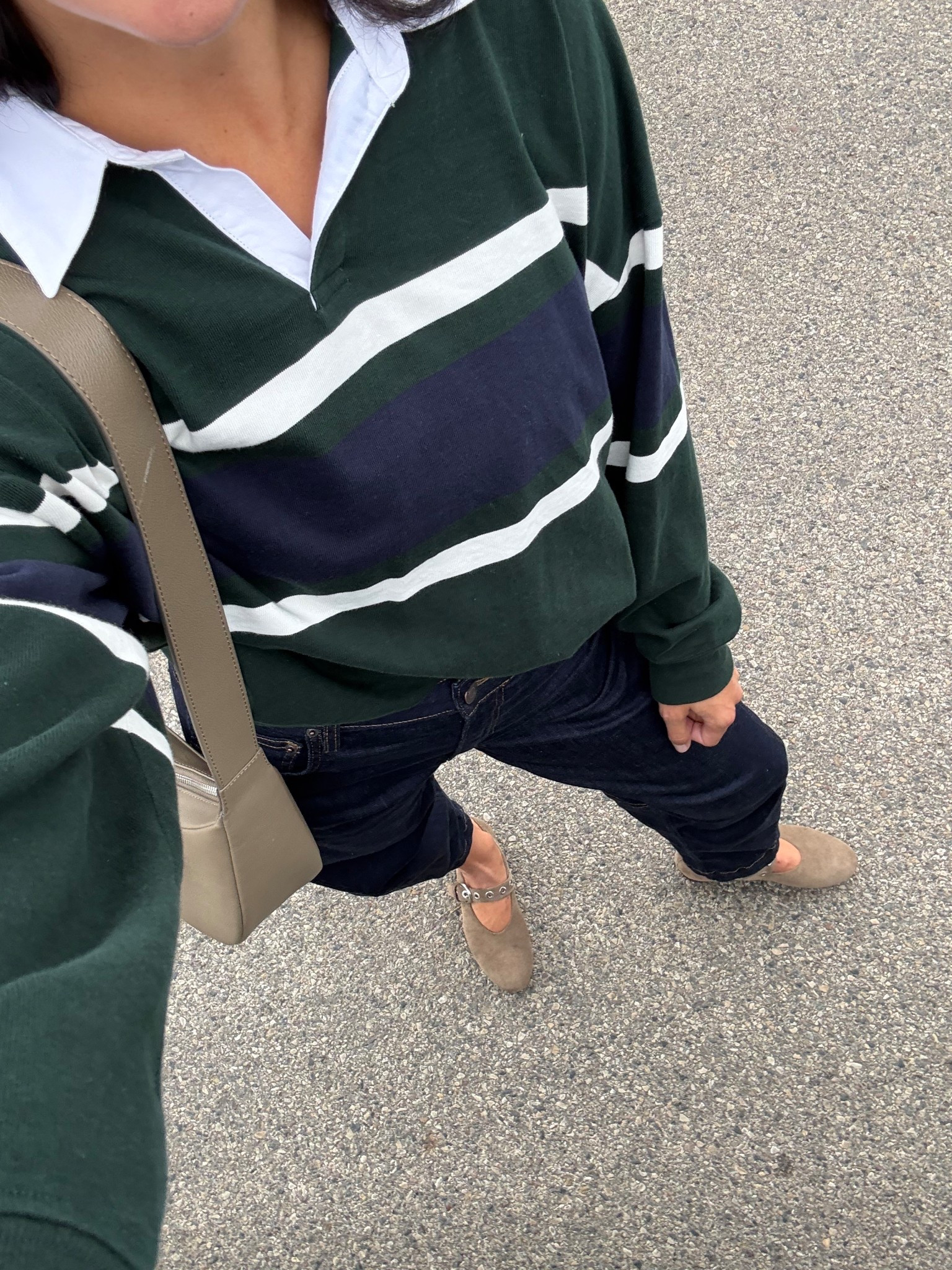 Wearing a small in the polo (this color way is sold out but there are others!), jeans and flats fit tts!