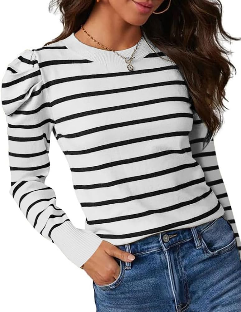 UNCLECAT Women's Striped Sweater Trendy Lightweight Sweaters Puff Long Sleeve Tops Casual Knit Pu... | Amazon (US)