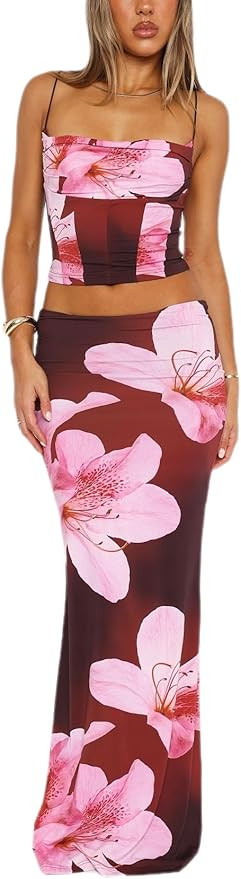 ksotutm Maxi Skirt Set Floral Print Halter Top Maxi Skirt Sexy Two Piece Sets for Women Summer | Amazon (US)