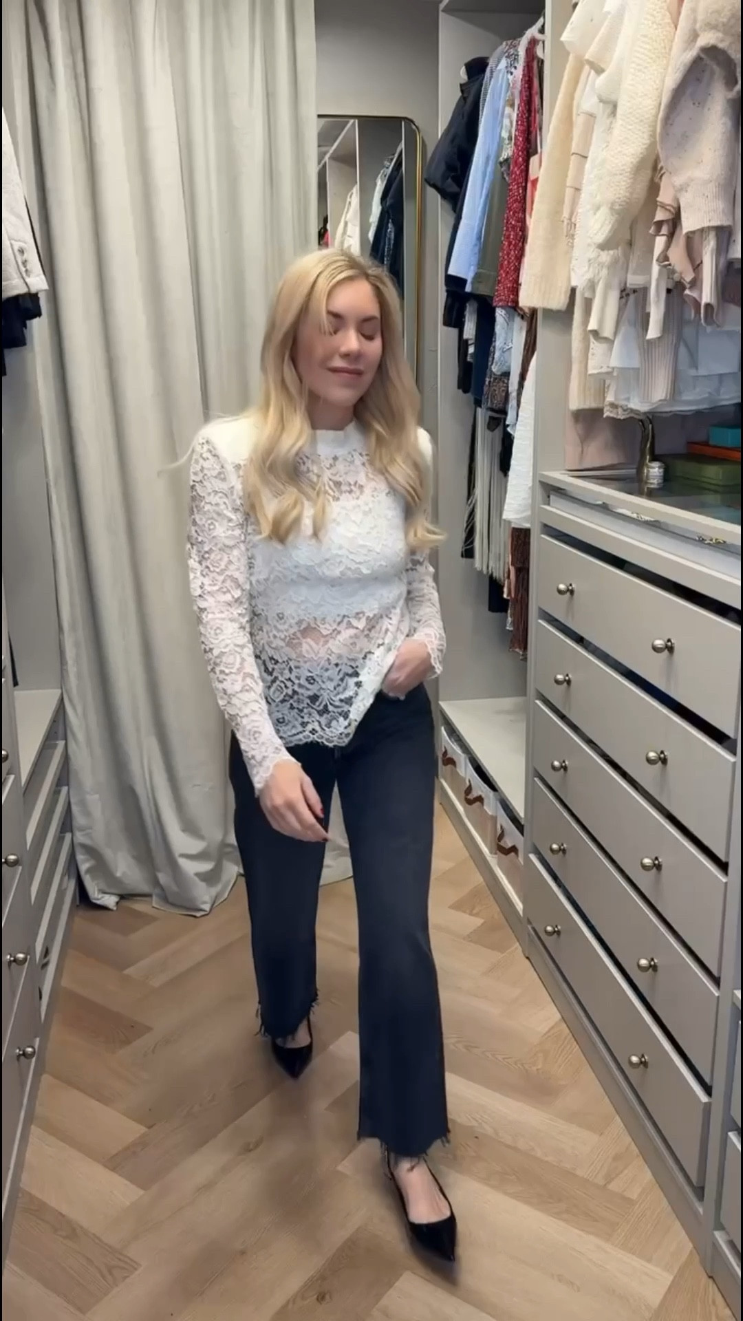 Lace top
Black jeans 
Wide leg cropped jeans 
Kitten heel 

#LTKSeasonal #LTKgrwm #LTKootd
