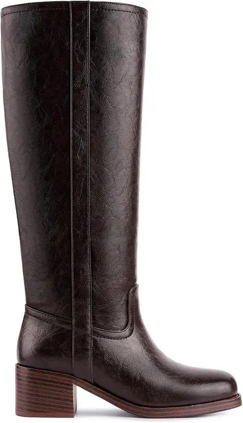 Women's Banana Knee High Boots Square Toe Chunky Block Heel Comfortable Low Heel Pull on Wide Cal...