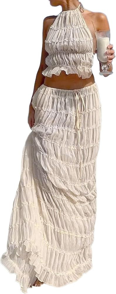Womens 2 Piece Summer Outfits Chiffon Halter Backless Crop Top and Flowy Tulle Ruffle Maxi Skirt ... | Amazon (US)