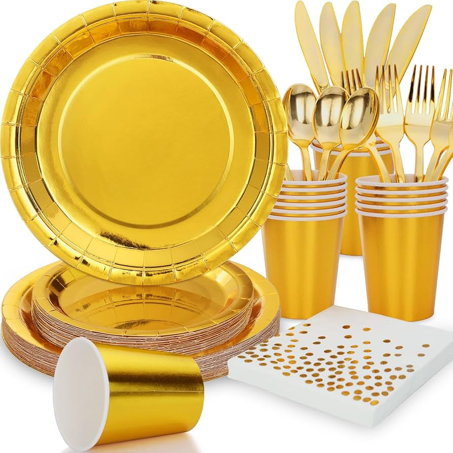Gold Plates Disposable Dinnerware Set,168pcs Gold Paper Plates Party Plates and Cups and Napkins ... | Amazon (US)