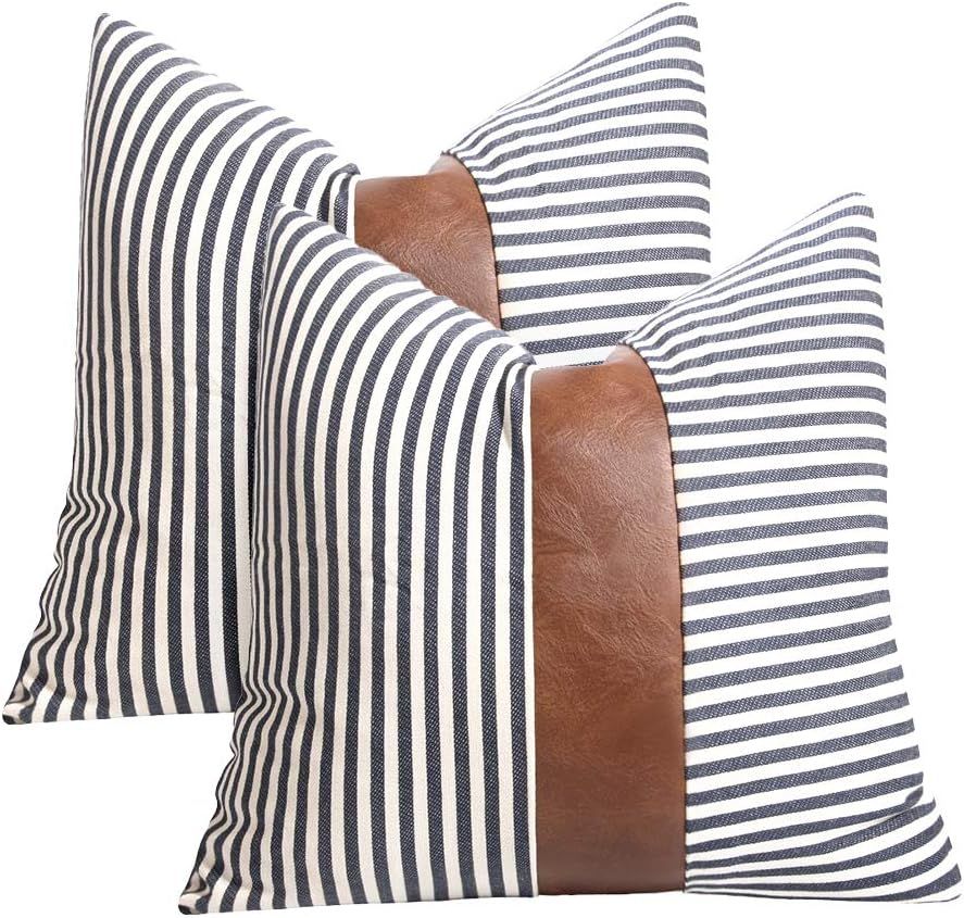 Farmhouse Decoration Pillow Covers 18x18 inch Set of 2 Modern Faux Leather and Ticking Stripe Pil... | Amazon (US)
