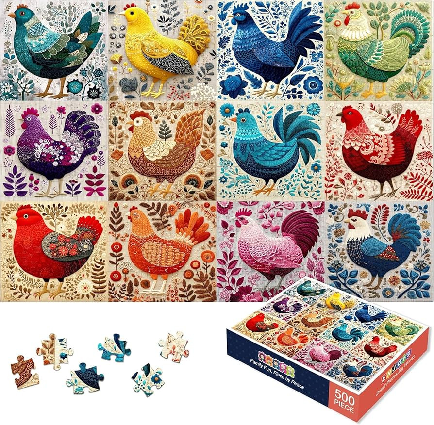 500 Piece Jigsaw Puzzle for Adults - Folk Art Rooster Chicken Farmhouse Animal - Colorful Botanic... | Amazon (US)