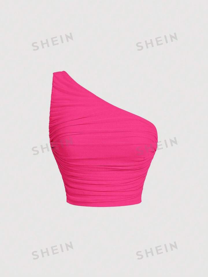 SHEIN MOD Pink Asymmetrical Summer Mesh One Shoulder Ruched Top | SHEIN