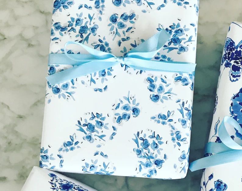 Wrapping Paper: Blue Florette gift Wrap Birthday Holiday - Etsy | Etsy (US)