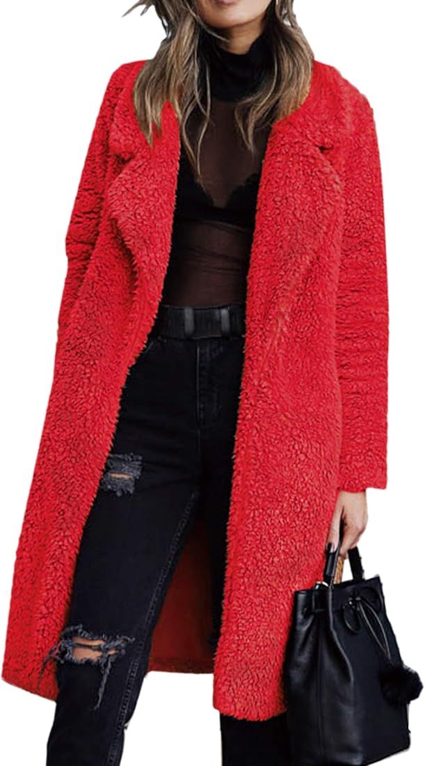 Angashion Women's Fuzzy Fleece Lapel Open Front Long Cardigan Coat Faux Fur Warm Winter Outwear Jackets | Amazon (US)