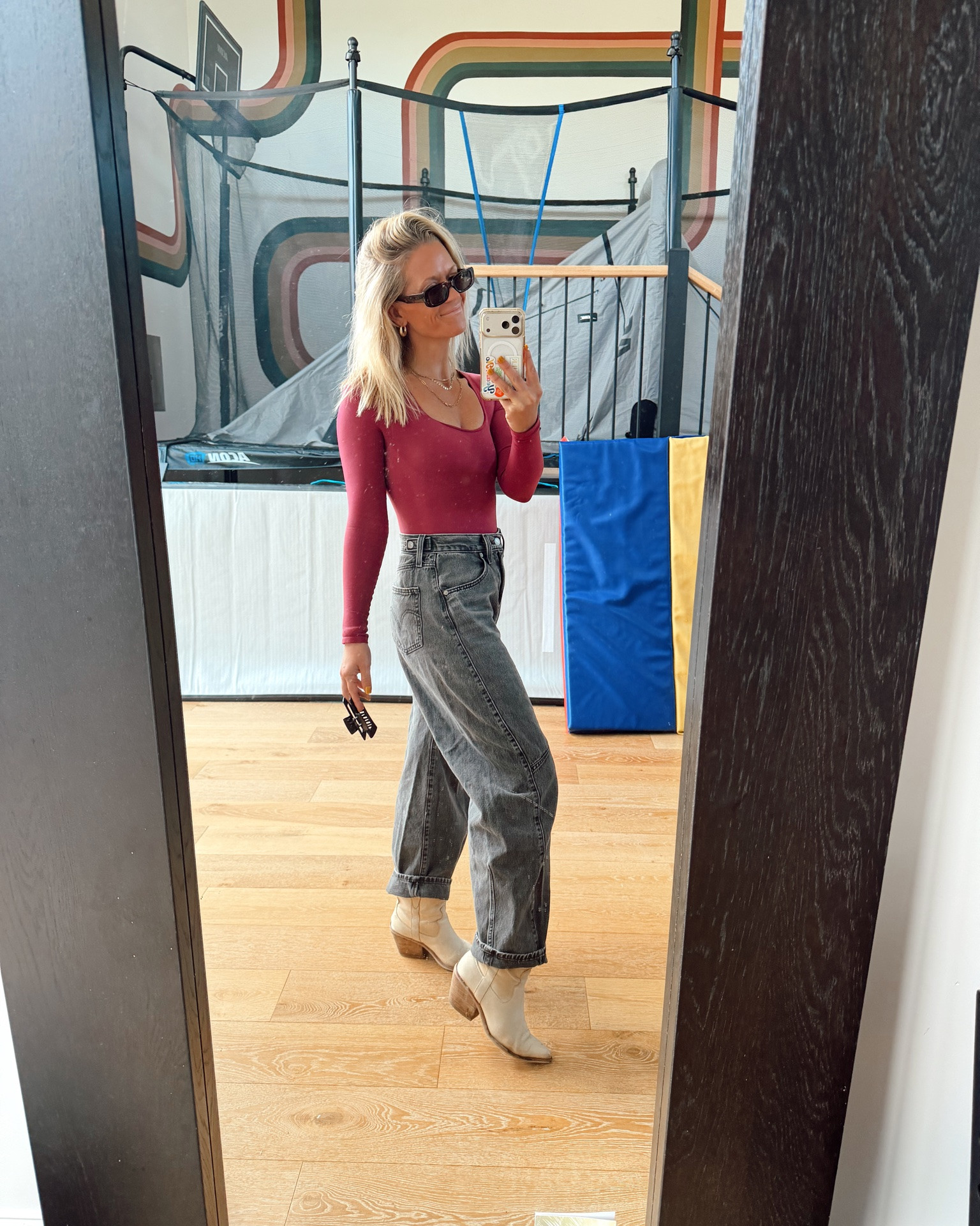 Body suit, perf fall color. Love these Levi barrel denim - have a few colors.

#LTKootd #LTKOver40 #LTKWorkwear